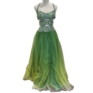 JOVANI Formal Dress Green Size 2 Sequin Beaded Prom Cutout Ombre Tiered Strappy